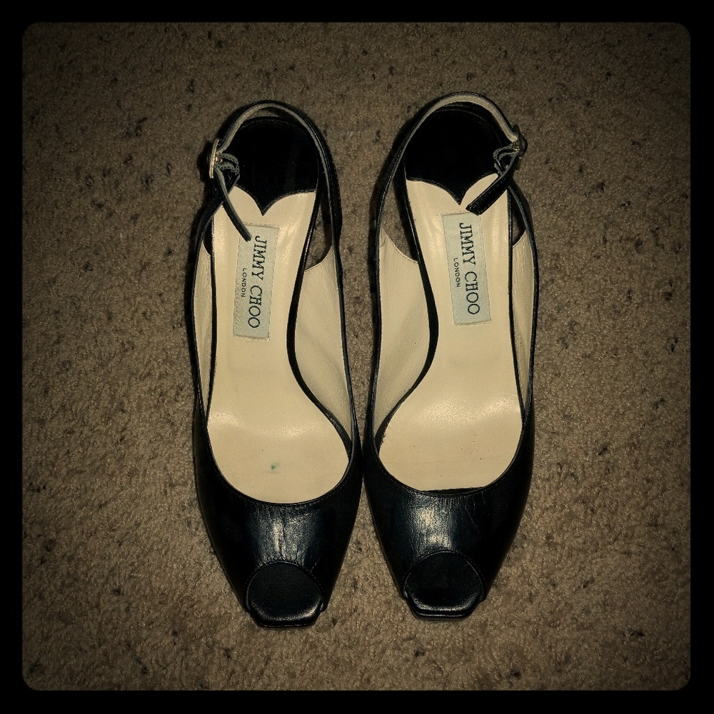 Jimmy Choo black wingback peep toe heel